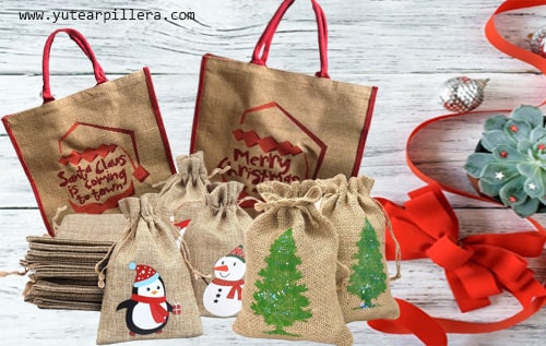 Tamaño: 23x15 cm envoltorio de regalos de navidad 100% yute decoración invernal natural 12 bolsas de yute con cordón de algodón 